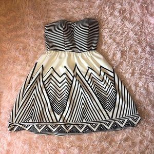 Black & White Patterned Strapless Babydoll Dress